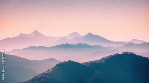 Beautiful mountain landscape in the morning. Sunrise over the mountains, Generative AI © tanatat