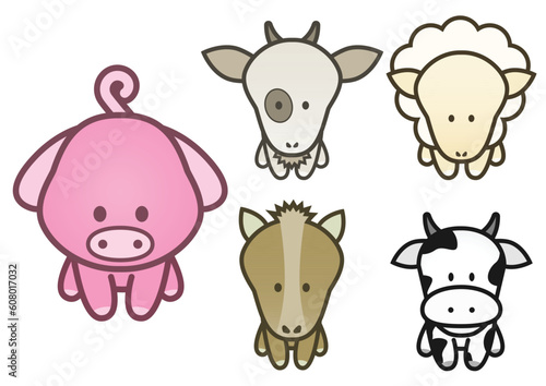 Fototapeta Naklejka Na Ścianę i Meble -  Vector illustration set of different cartoon farm animals. All vector objects and details are isolated and grouped. Colors and transparent background color are easy to adjust.