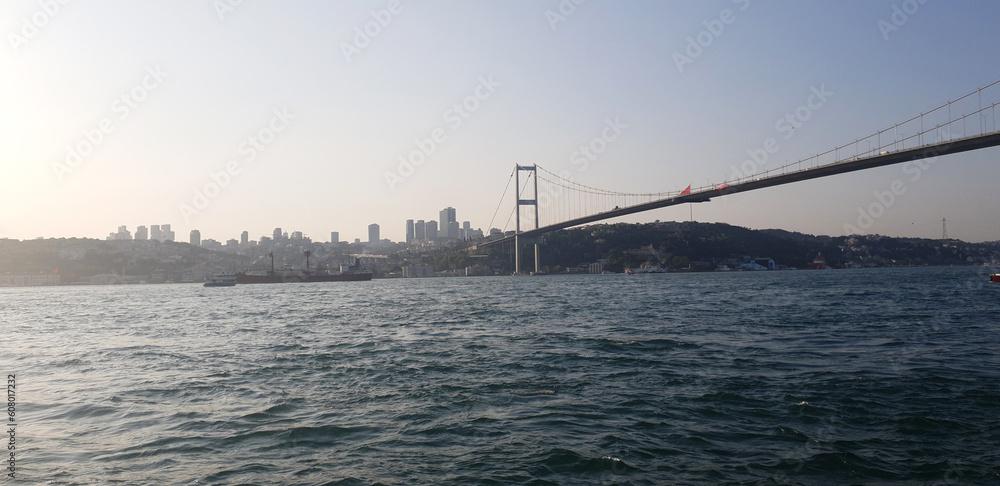 Istanbul, Turkey - May 10, 2023: Bosphorus and the Fatih Sultan Mehmet Bridge. High quality photo.