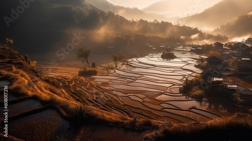 Beautiful Rice terraces on the Misty Mountain at sunset  Generative AI