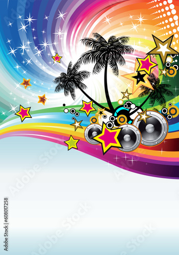Tropical Disco Dance Background with music and fantasy design elements