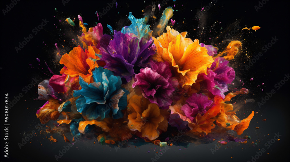 colorful flowers in the air isolated on a black background Generative Ai colorful flowers in the air isolated on a black background Generative Ai