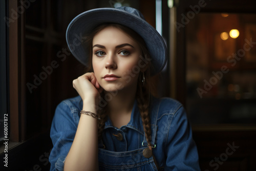 A portrait of a farmer woman with braids wearing a blue denim shirt and a hat Generative Ai