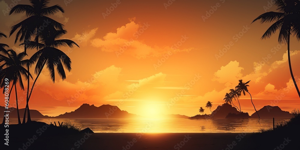 beautiful sunrise Landscape of paradise tropical island beach. Palm tree silhouette at the sides, panoramic sunset background, caribbean vacation concept, generative AI