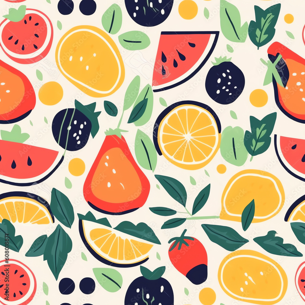 Generative AI Summer fruits pattern. Cute watermelon, pineapple, lemon, leaves. Hand drawn flat cartoon elements. Vector illustration Generative AI Summer fruits pattern. Cute watermelon, pineapple, lemon, leaves. Hand drawn flat cartoon elements. Vector illustration