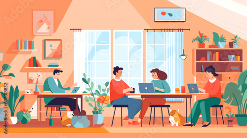 Generative AI Stay home concept. People doing sport, reading, working from home in cozy modern interior. Vector illustration in flat style