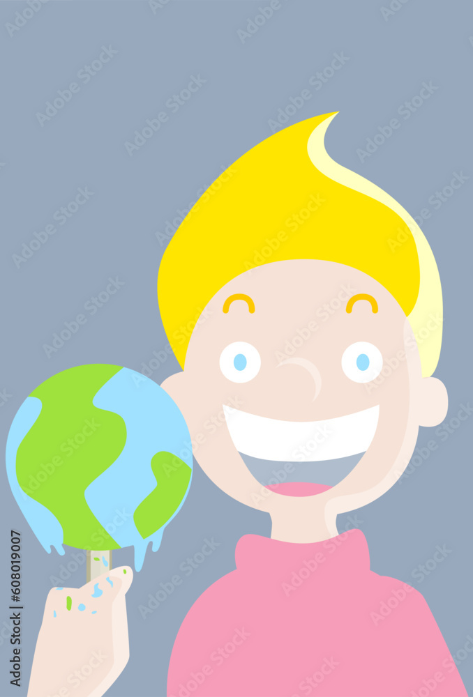 Cartoon image of a child eating ice cream in the shape of planet earth. Cartoon image of a child eating ice cream in the shape of planet earth.