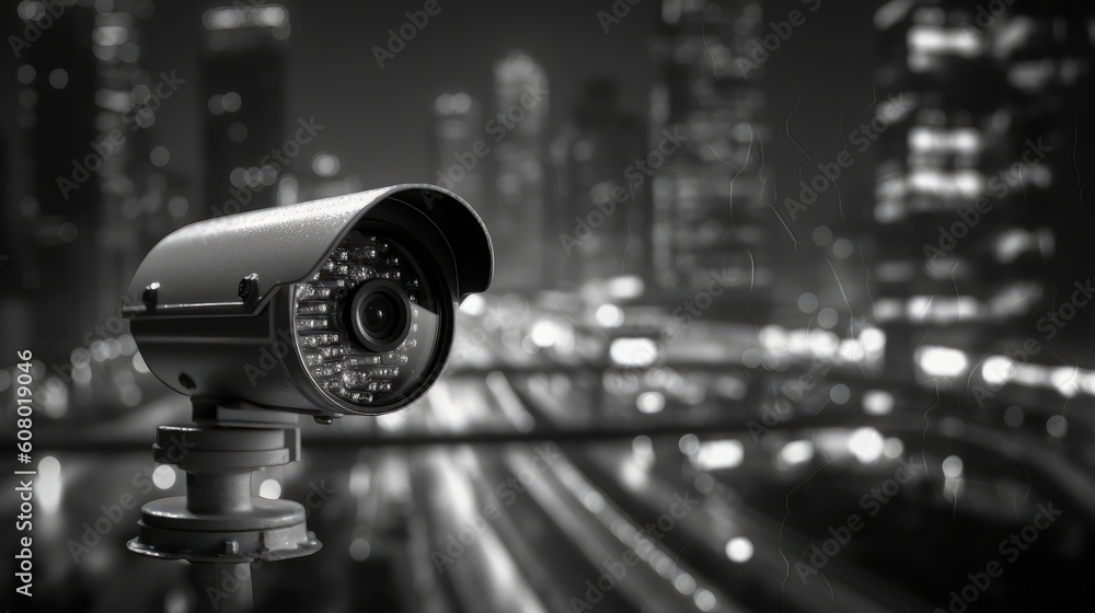 a modern security camera on a building in a city in the night with light and transport with blurred background. Generative AI a modern security camera on a building in a city in the night with light and transport with blurred background. Generative AI