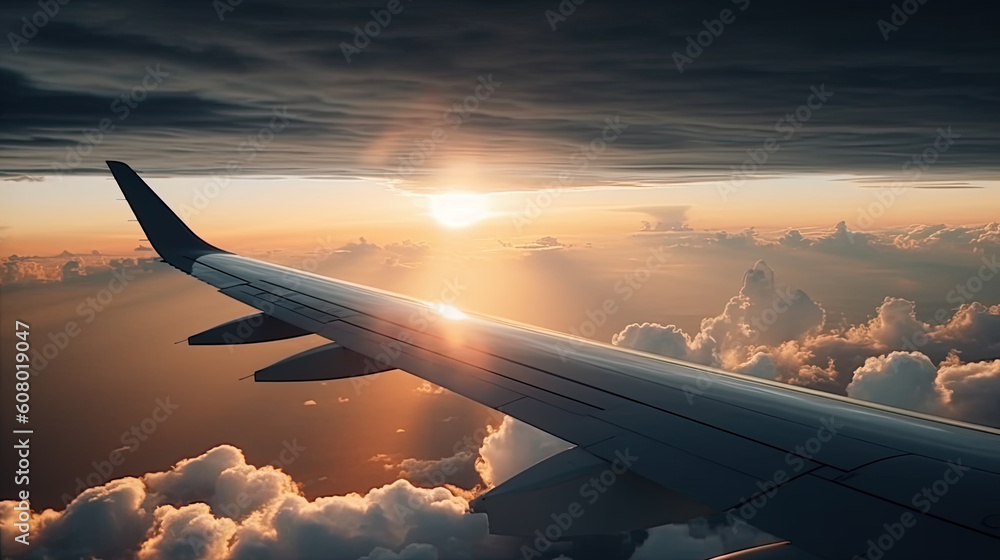 Obraz premium View of a beautiful sunset from an airplane in flight. Generative AI