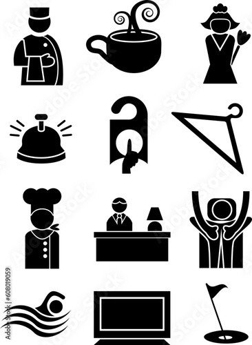 Set of 12 Hotel Service Web Buttons - black and white.