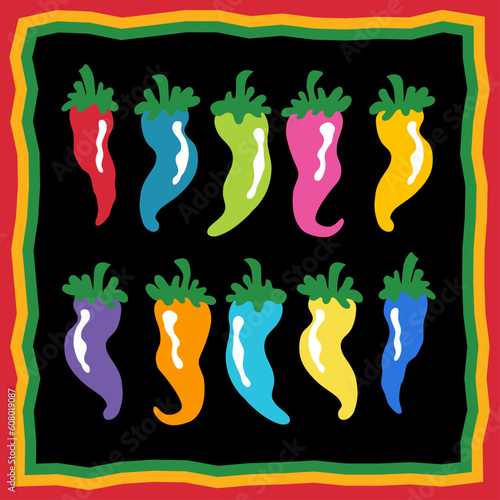 Set of chili peppers with festive border.