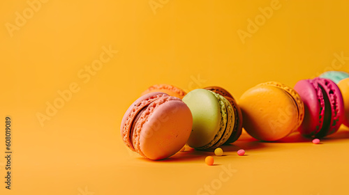 some sweet macarons isolated on yellow background. Generative AI