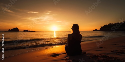 silhouette of a woman looking at sunset on the beach, girl sitting on the beach sand enjoying a sunrise on vacations, generative AI © Alan