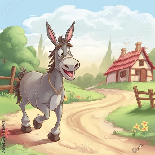 Generative AI Farm animals with landscape - cute cartoon vector illustration with donkey