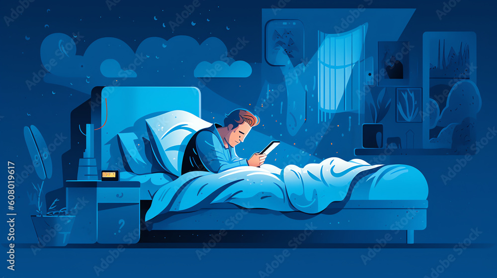 Generative AI Couple laying in bed with phones at night. Concept