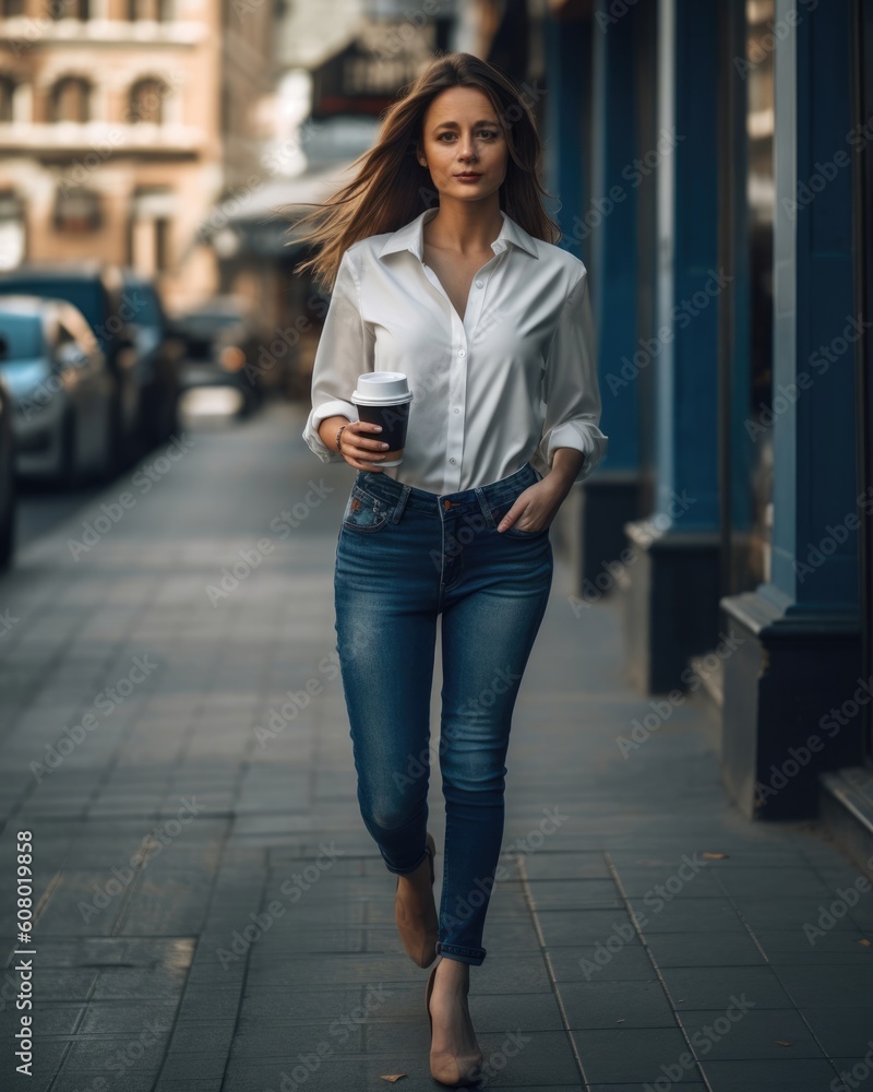 Full body shot of a gorgeous and beautiful young woman with a coffee to go in the streets - made with Generative AI tools