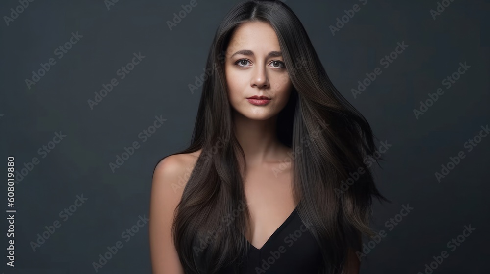 Beautiful young woman with shoulder long straight hair in a black dress - made with Generative AI tools Beautiful young woman with shoulder long straight hair in a black dress - made with Generative AI tools