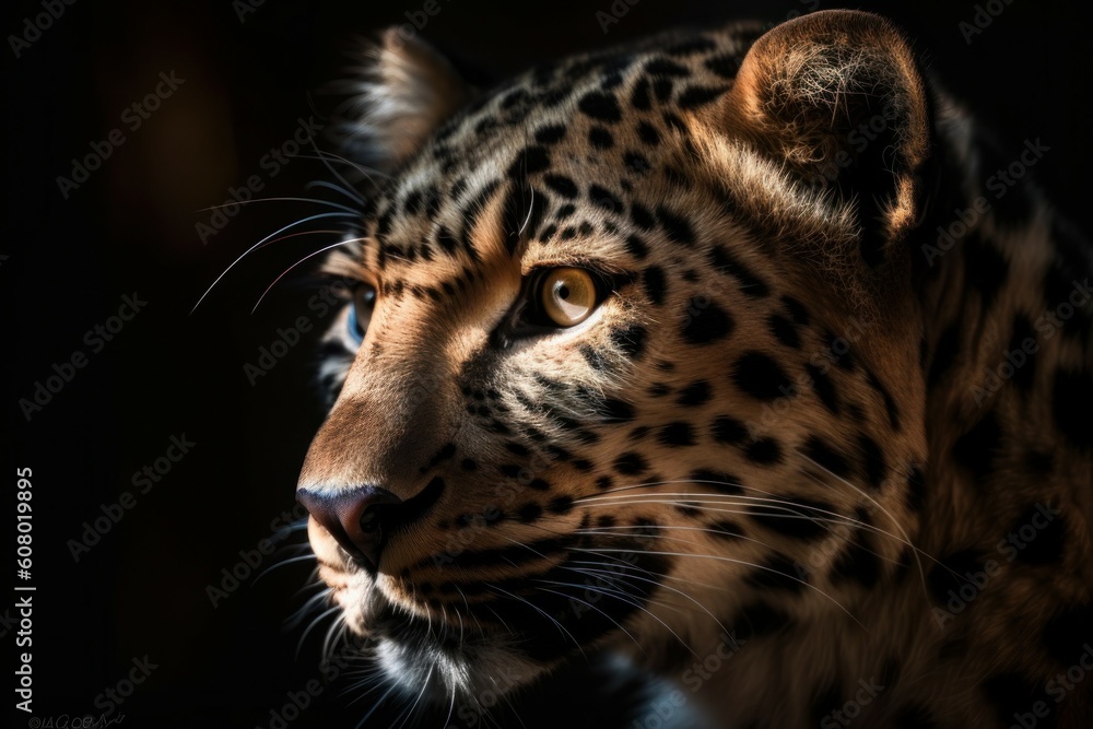 Beautiful leopard. Background with selective focus and copy space. AI generated, human enhanced Beautiful leopard. Background with selective focus and copy space. AI generated, human enhanced