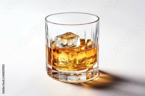 Glass of whiskey with ice on a light background with selective focus. AI generated, human enhanced.