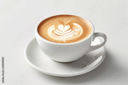 Cup of morning latte on a light background with selective focus. AI generated, human enhanced.