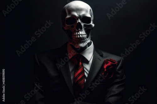 Skull with a skeleton in a business suit. AI generated, human enhanced