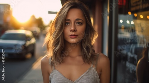 Beautiful woman in the streets backlit shot - made with Generative AI tools
