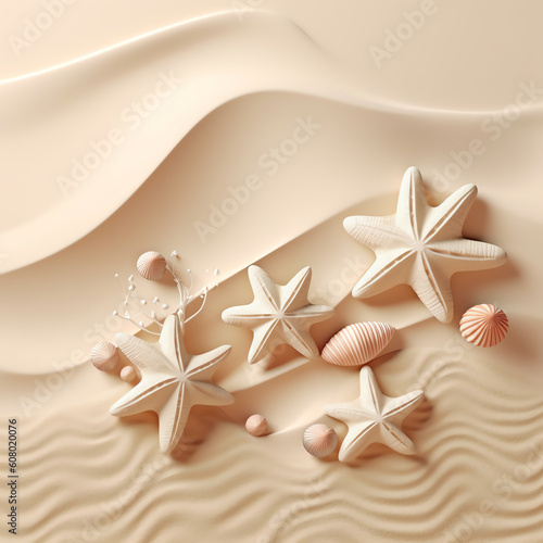 Generative AI Hello summer background with beach view  sand  sea shells  sea star. illustration design template