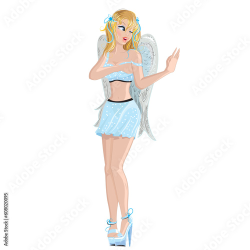 shy girl angel on a white background in vector format
