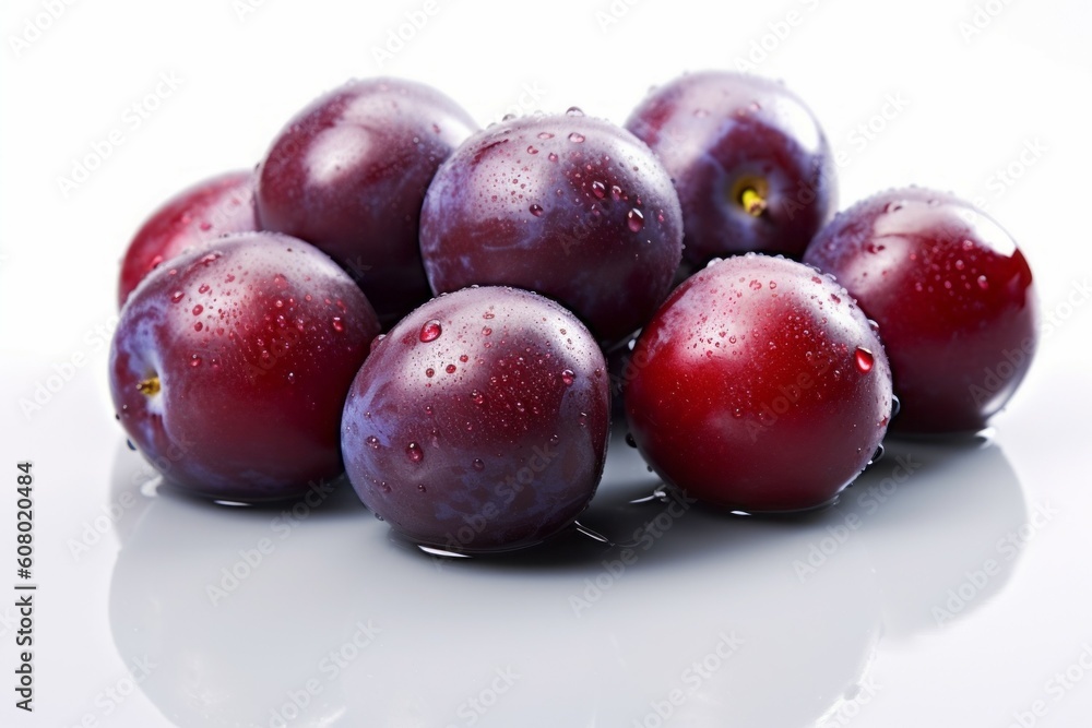 Appetizing tasty plums. The concept of proper nutrition and vitamins in the crop. AI generated, human enhanced. Appetizing tasty plums. The concept of proper nutrition and vitamins in the crop. AI generated, human enhanced.