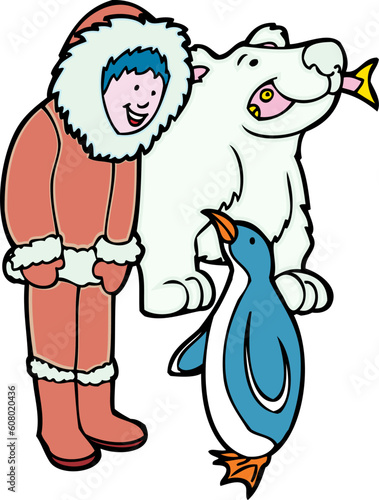 Friendship between an eskimo, a penguin and a polar bear.