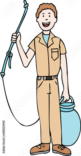 Pest exterminator happily holds his pesticide canister and sprayer.