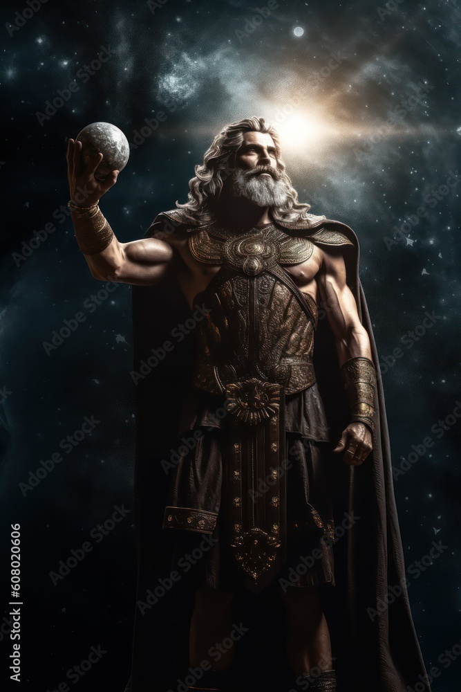 Cosmic Divinity: Erebus, the Greek God of Darkness, Cloaked in Ancient Greek Attire Against a Galactic Backdrop, Generative AI
