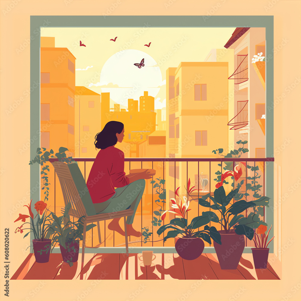 Generative AI Woman reading balcony, coronavirus concept. Stay at home during epidemic. Cute vector illustration in flat style