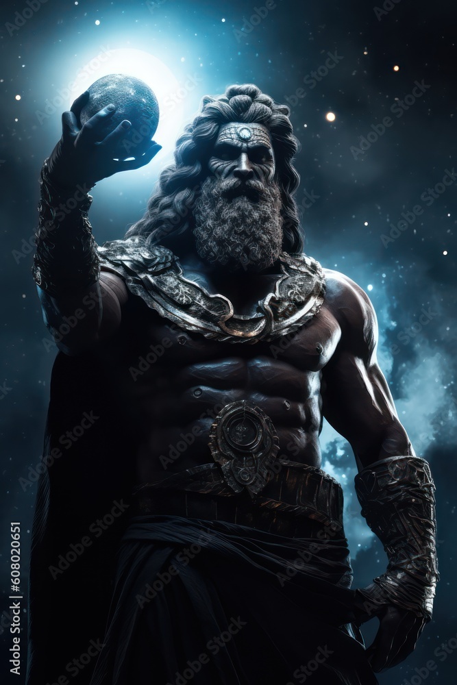 Cosmic Divinity: Erebus, the Greek God of Darkness, Cloaked in Ancient Greek Attire Against a Galactic Backdrop, Generative AI