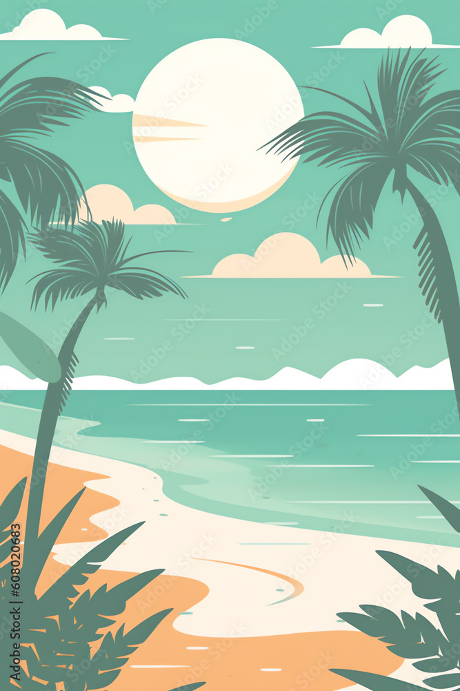 Generative AI Summer background, a beach view with sea and palm. Vector illustration in flat style