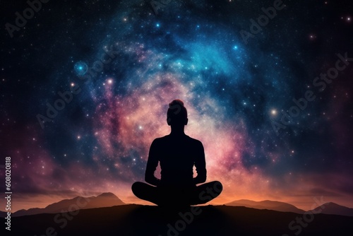 Silhouette of women in Lotus position on the abstract positive energy background . AI generated, human enhanced. © top images