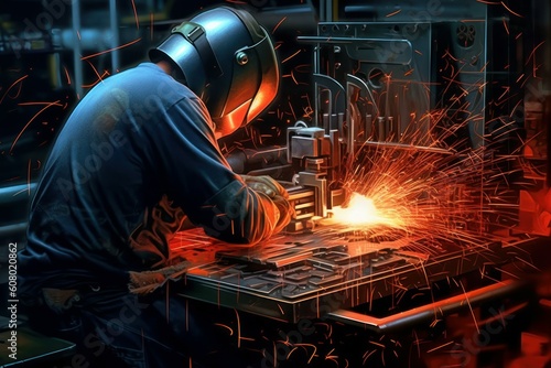 Worker or welder in the metallurgical industry performing welding in his workshop. AI generated, human enhanced. © top images