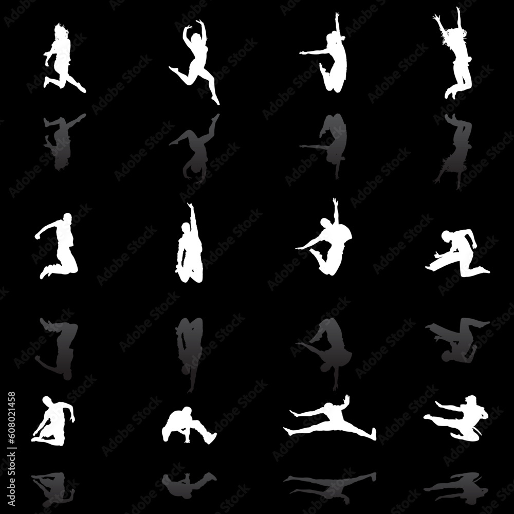 jumping people silhouettes with reflection, vector illustration jumping people silhouettes with reflection, vector illustration