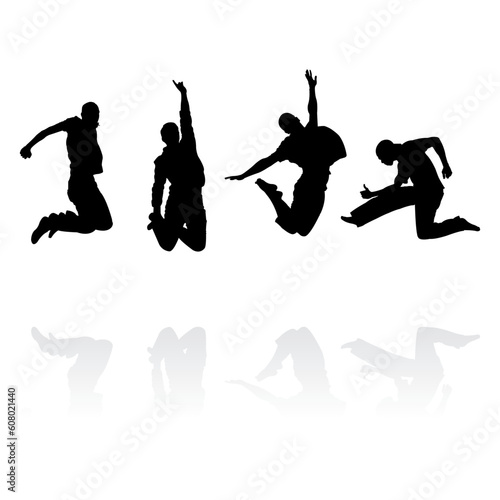 jumping men silhouettes with reflection, vector illustration