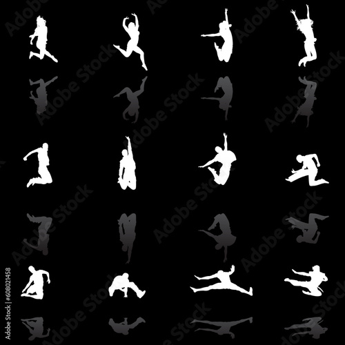 jumping people silhouettes with reflection, vector illustration