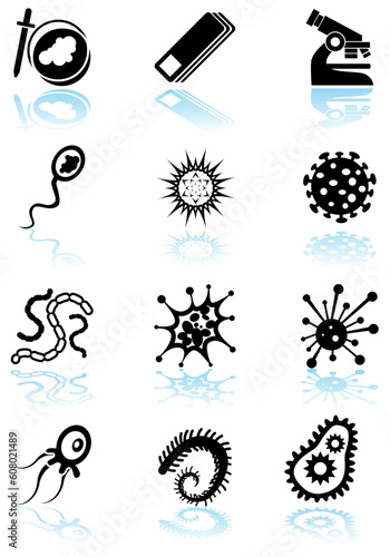 Set of 12 microscope type icons - black.