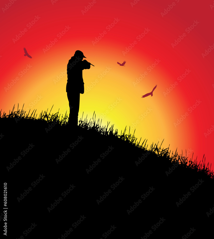 man aiming to vultures, vector illustration man aiming to vultures, vector illustration