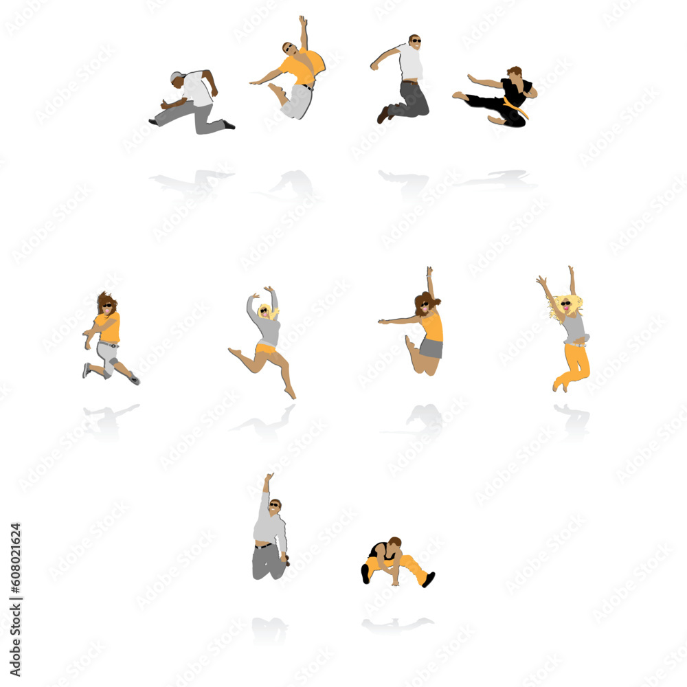 jumping colored silhouettes with reflection, vector illustration