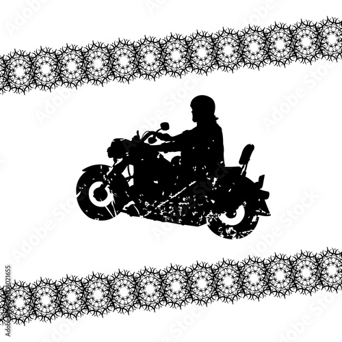Biker grunge silhouette with ornamental stripes, vector illustration