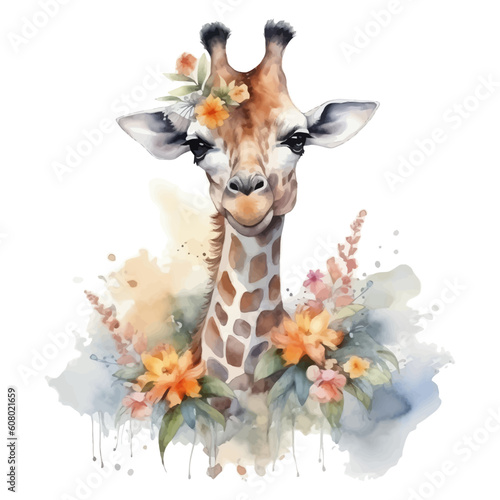 Cute giraffe cartoon in watercolor style © Fauziah
