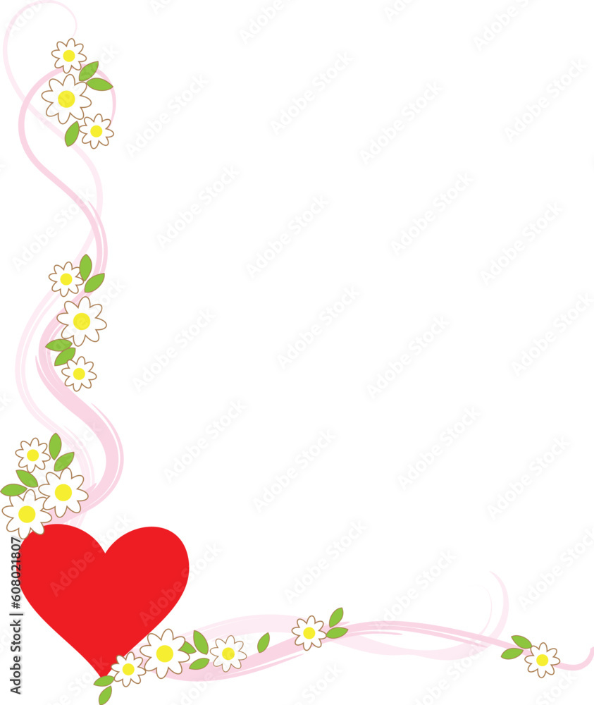 A decorative corner featuring a red heart and apple blossoms A decorative corner featuring a red heart and apple blossoms
