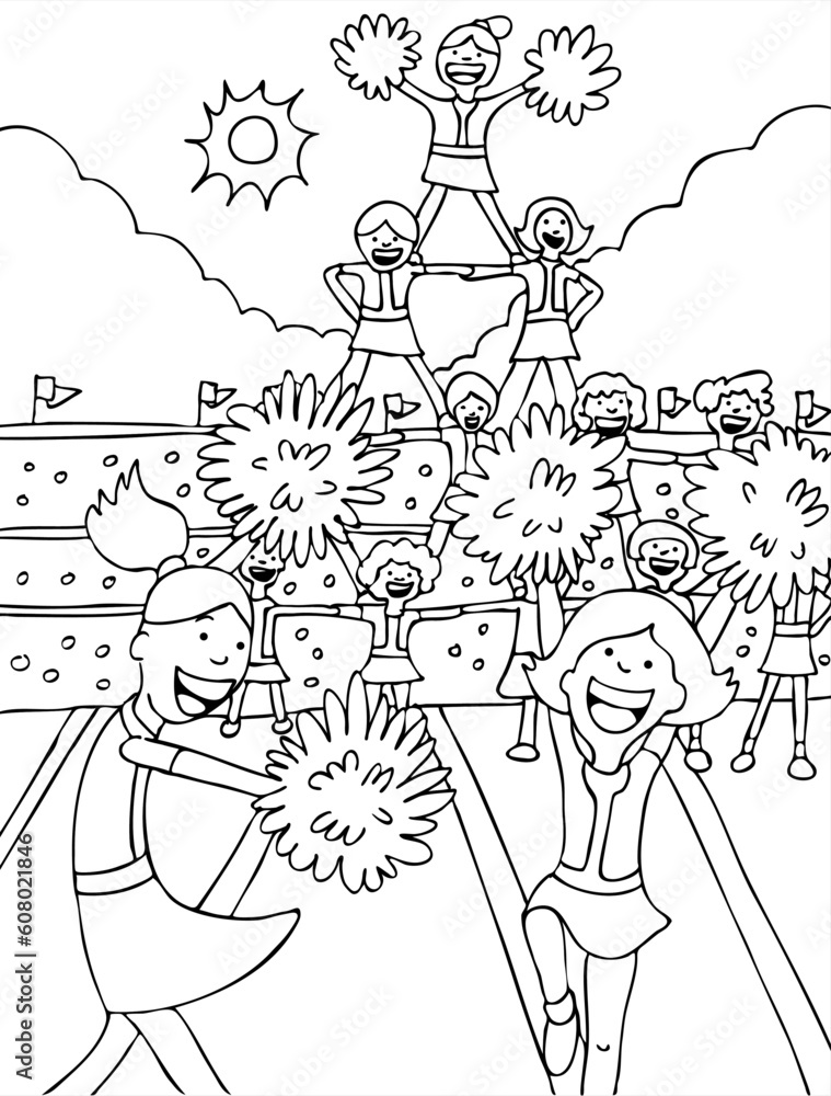 Team of cheerleaders in uniform form a pyramid at a football stadium event - black and white. Team of cheerleaders in uniform form a pyramid at a football stadium event - black and white.