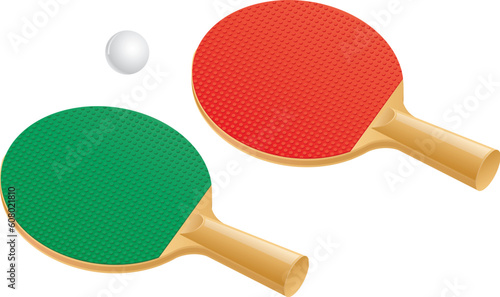 Two table tennis (ping pong) paddles and ball.