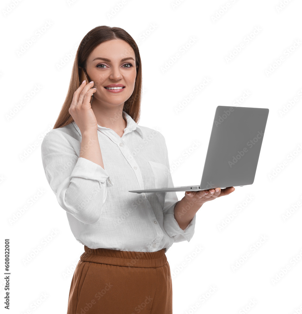 Beautiful businesswoman with laptop talking on phone against white background Beautiful businesswoman with laptop talking on phone against white background