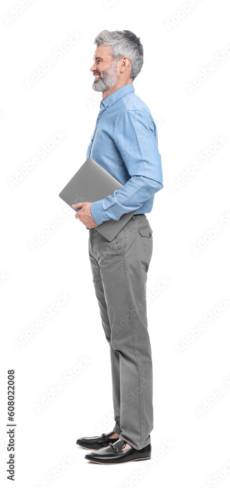 Mature businessman in stylish clothes with laptop on white background Mature businessman in stylish clothes with laptop on white background